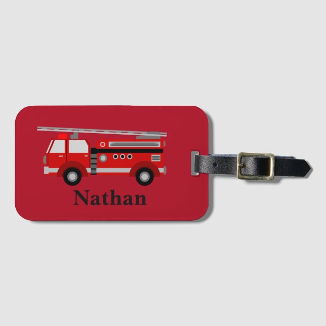 Personalised Cute Kids Red Firetruck luggage tag (Front Horizontal)