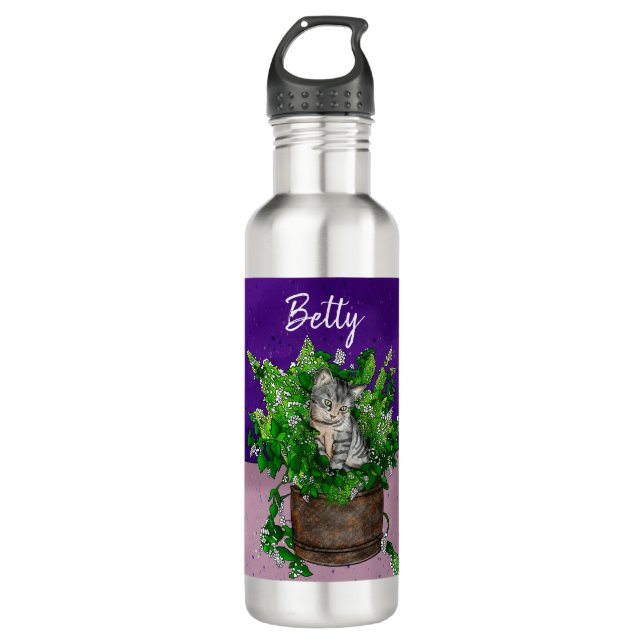 Personalised Cute Kitten in Catnip Pot   710 Ml Water Bottle (Front)