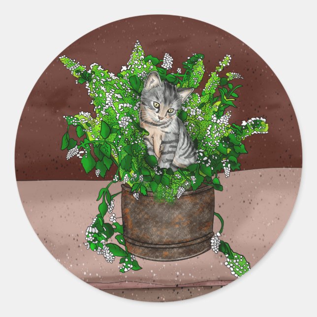Personalised Cute Kitten in Catnip Pot    Classic Round Sticker (Front)