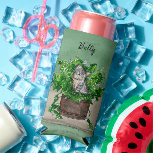 Personalised Cute Kitten in Catnip Pot Seltzer Can Cooler