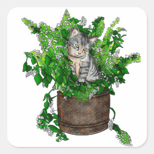 Personalised Cute Kitten in Catnip Pot Square Sticker
