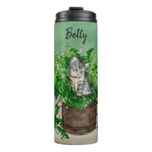 Personalised Cute Kitten in Catnip Pot   Thermal Tumbler