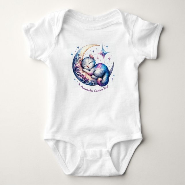 Personalised Cute Kitten Sleeping on a Half Moon Baby Bodysuit (Front)