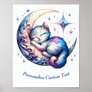 Personalised Cute Kitten Sleeping on Moon Poster