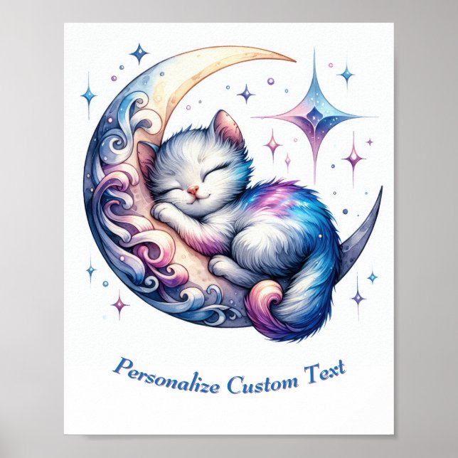 Personalised Cute Kitten Sleeping on Moon Poster (Front)
