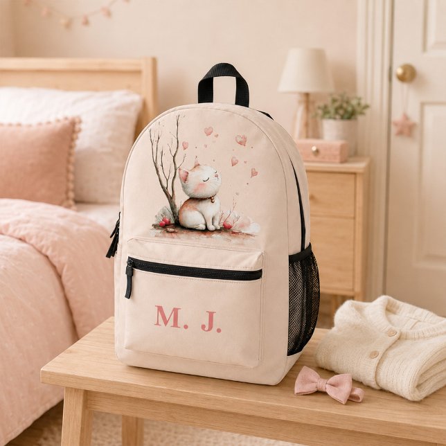 Personalised Cute Kitten with Hearts" Kids School Printed Backpack (Personalized Cute Kitten with Hearts" Kids School Printed Backpack)