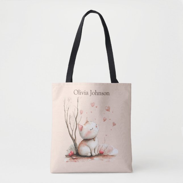Personalised Cute Kitten with Hearts Tote Bag (Front)