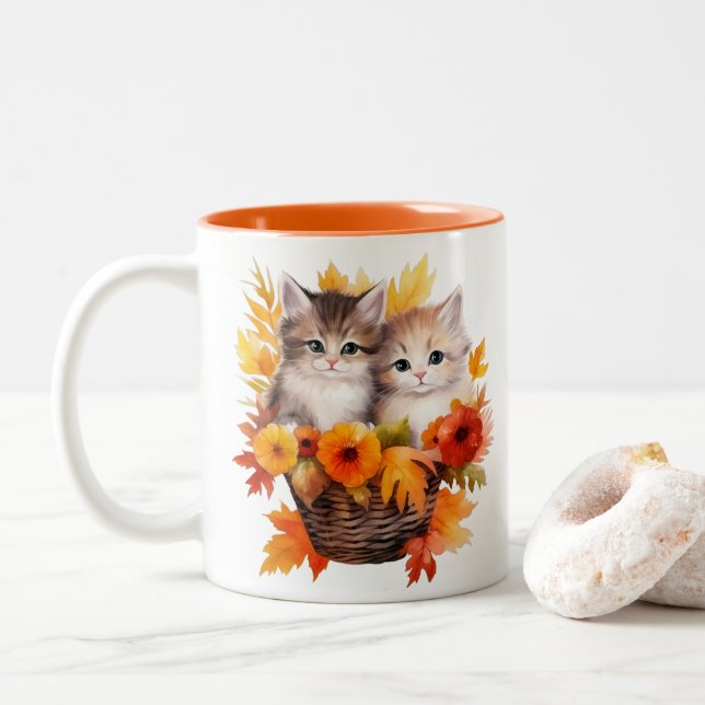 Personalised Cute Kittens Cats in Basket Two-Tone Coffee Mug (With Donut)