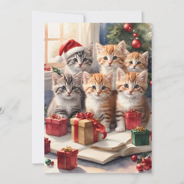 Personalised Cute Kittens Christmas Tree Flat Card (Front)