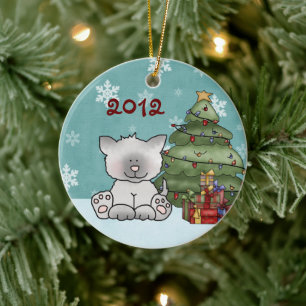 Personalised Cute Kitty Cat and Christmas Tree Ceramic Tree Decoration