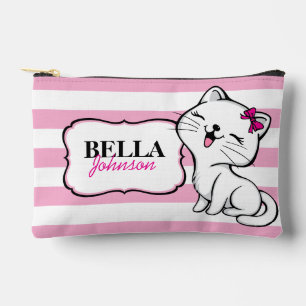 Personalised Cute Kitty Pink Stripped Accessory Pouch