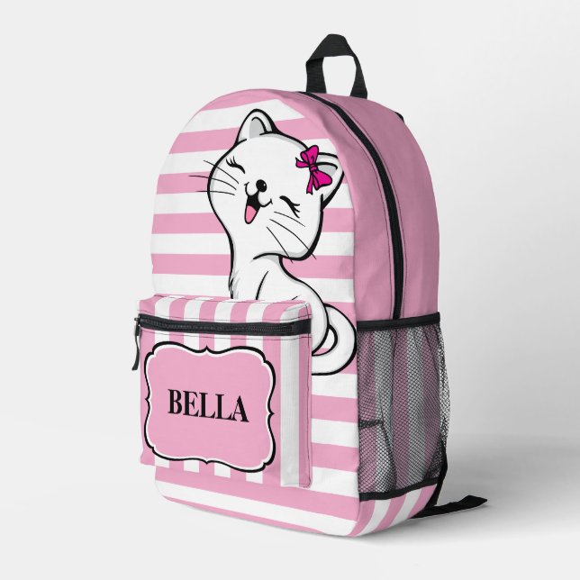 Personalised Cute Kitty Pink Stripped Backpack (Back Corner Right)