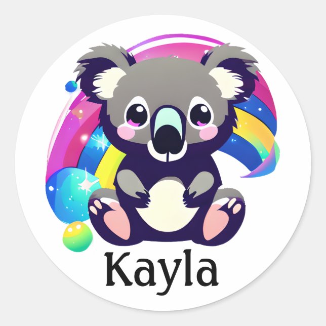 Personalised Cute Koala Bear and Rainbow  Classic Round Sticker (Front)