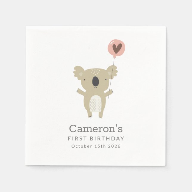 Personalised Cute Koala Bear Simple 1st Birthday Napkin (Front)