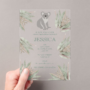 Personalised Cute Koala Eucalyptus Baby Shower Acrylic Invitations