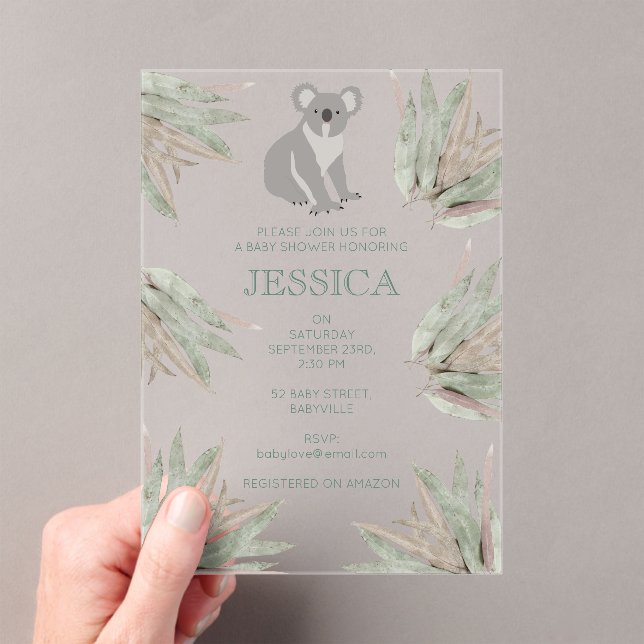 Personalised Cute Koala Eucalyptus Baby Shower Acrylic Invitations (Insitu (Handheld))