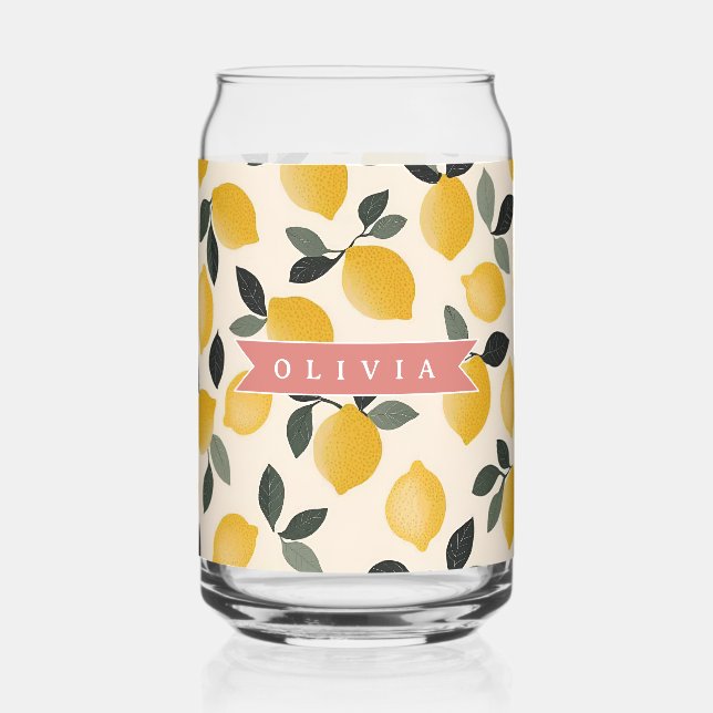 Personalised Cute Lemon Pattern Fresh Summer Can Glass (Front)
