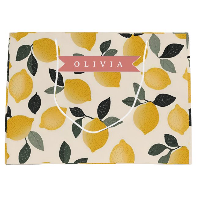 Personalised Cute Lemon Pattern Fresh Summer Large Gift Bag (Front)