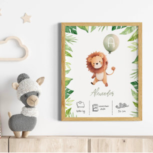 Personalised cute lion with Balloons Nursery Poster