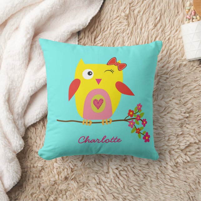 Personalised Cute little Owl Pink Flowers  Cushion (Blanket)