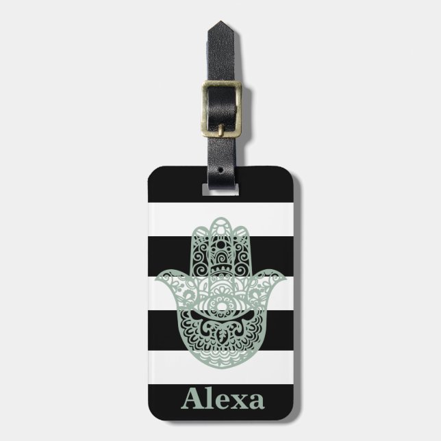 Personalised Cute lucky hamsa hand stripes Luggage Tag (Front Vertical)