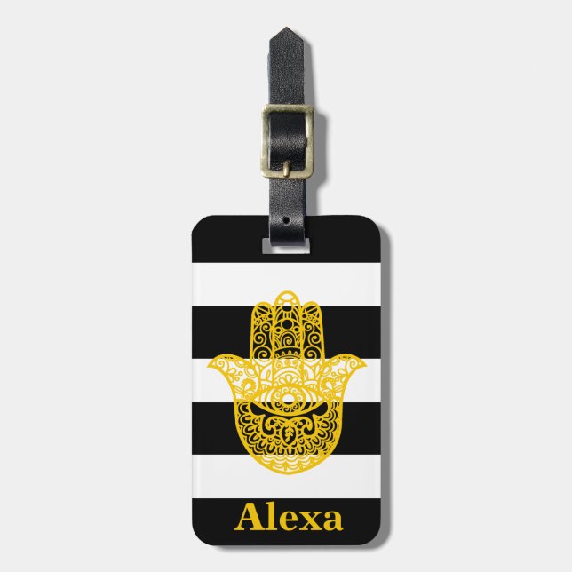Personalised Cute lucky hamsa hand stripes Luggage Tag (Front Vertical)