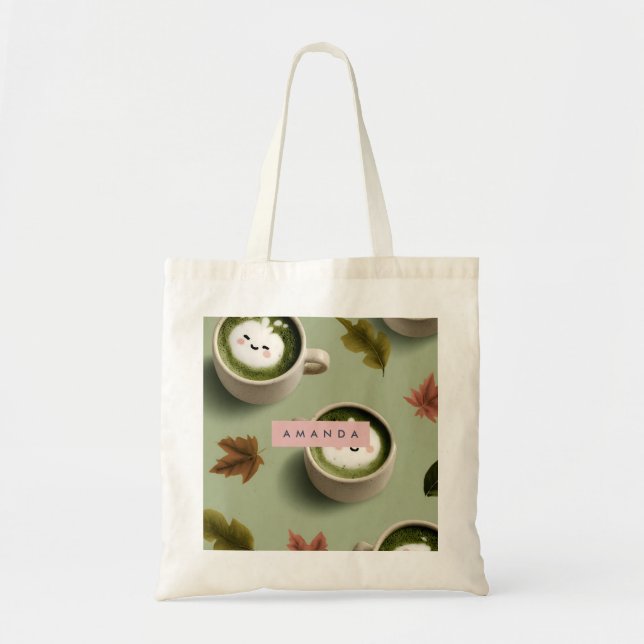 Personalised Cute Matcha Latte Pattern Tote Bag (Front)