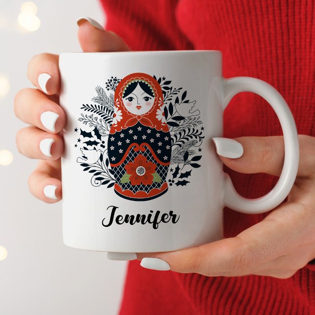 Personalised Cute Matryoshka Nesting Doll Coffee Mug (A pretty Christmas Matryoshka doll decorates this mug, personalize it for Christmas.)