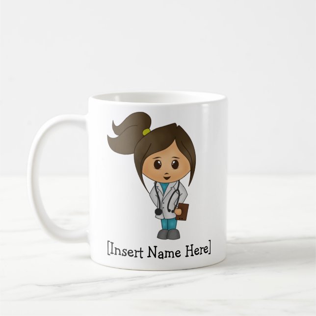 Personalised Cute Medical Doctor , Brunette Female Coffee Mug (Left)