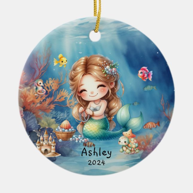 Personalised Cute Mermaid Ocean Photo  Ceramic Tree Decoration (Front)