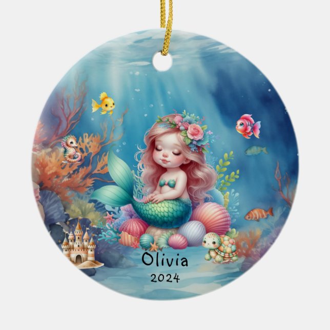 Personalised Cute Mermaid Ocean Photo Under Sea Ceramic Tree Decoration (Front)