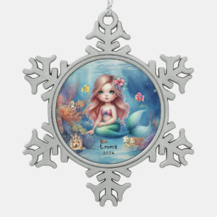 Personalised Cute Mermaid Ocean Photo Watercolor Snowflake Pewter Christmas Ornament