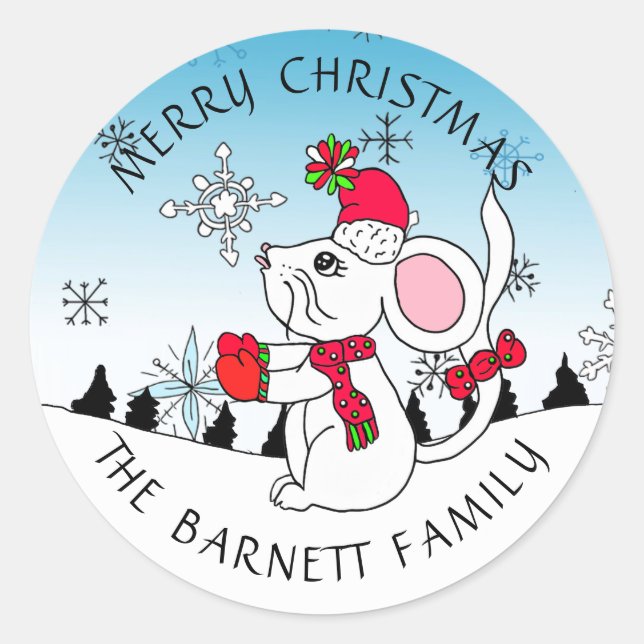 Personalised Cute Merry Christmas Mouse Snowflakes Classic Round Sticker (Front)