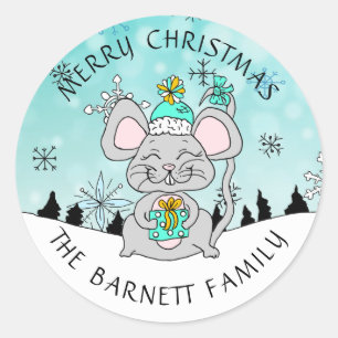 Personalised Cute Merry Christmas Mouse Snowflakes Classic Round Sticker