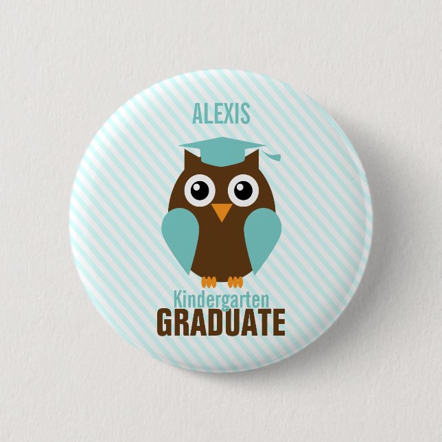 Personalised Cute Mint Owl Kindergarten Graduate 6 Cm Round Badge (Front)