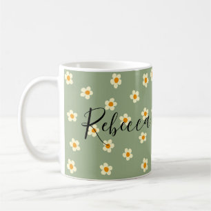 Personalised Cute Modern Daisy Pattern Green  Coffee Mug