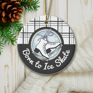 Personalised Cute Modern Tartan Ice Skating Ceramic Tree Decoration
