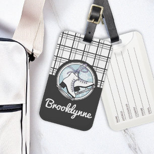 Personalised Cute Modern Tartan Ice Skating Luggage Tag