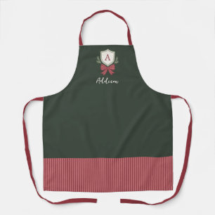 Personalised Cute Monogram Green Red Bow Christmas Apron