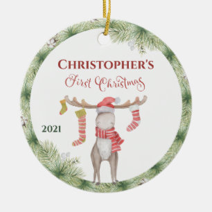 Personalised Cute Moose Babys First Christmas Ceramic Tree Decoration