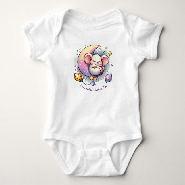 Personalised Cute Mouse Sleeping on a Half Moon Baby Bodysuit (Front)