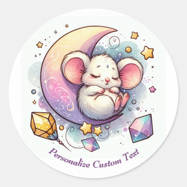 Personalised Cute Mouse Sleeping on a Half Moon Classic Round Sticker (Front)