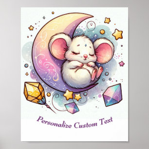 Personalised Cute Mouse Sleeping on a Half Moon Poster