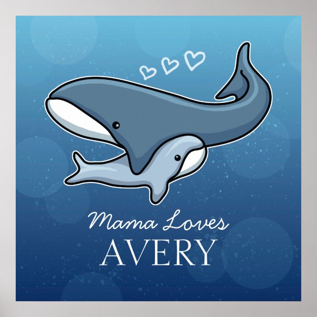 Personalised Cute Mum Baby Whale, Add Kids Name Poster (Front)