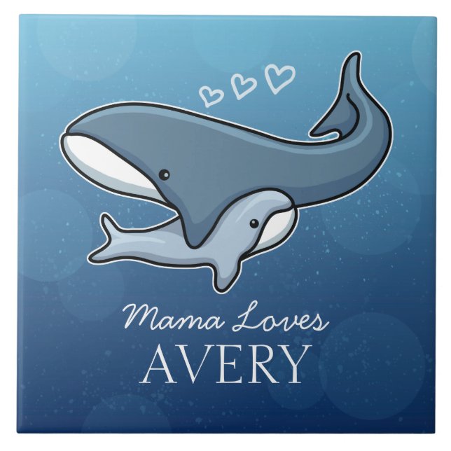 Personalised Cute Mum Baby Whale, Add Kids Name Tile (Front)