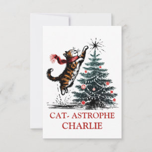 Personalised Cute Naughty Cat Christmas Tree Fun Thank You Card