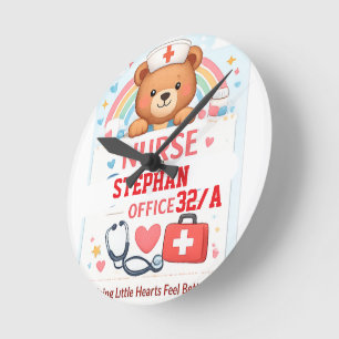 Personalised Cute Nurse Bear Sign, Sch Round Clock