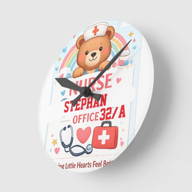 Personalised Cute Nurse Bear Sign, Sch Round Clock (Angle)