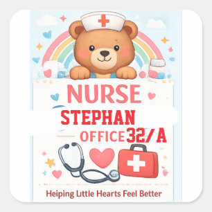 Personalised Cute Nurse Bear Sign, Sch Square Sticker