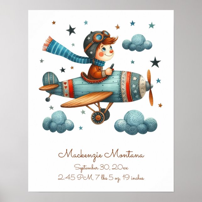 Personalised Cute Nursery Art Child Flying Plane Poster (Front)
